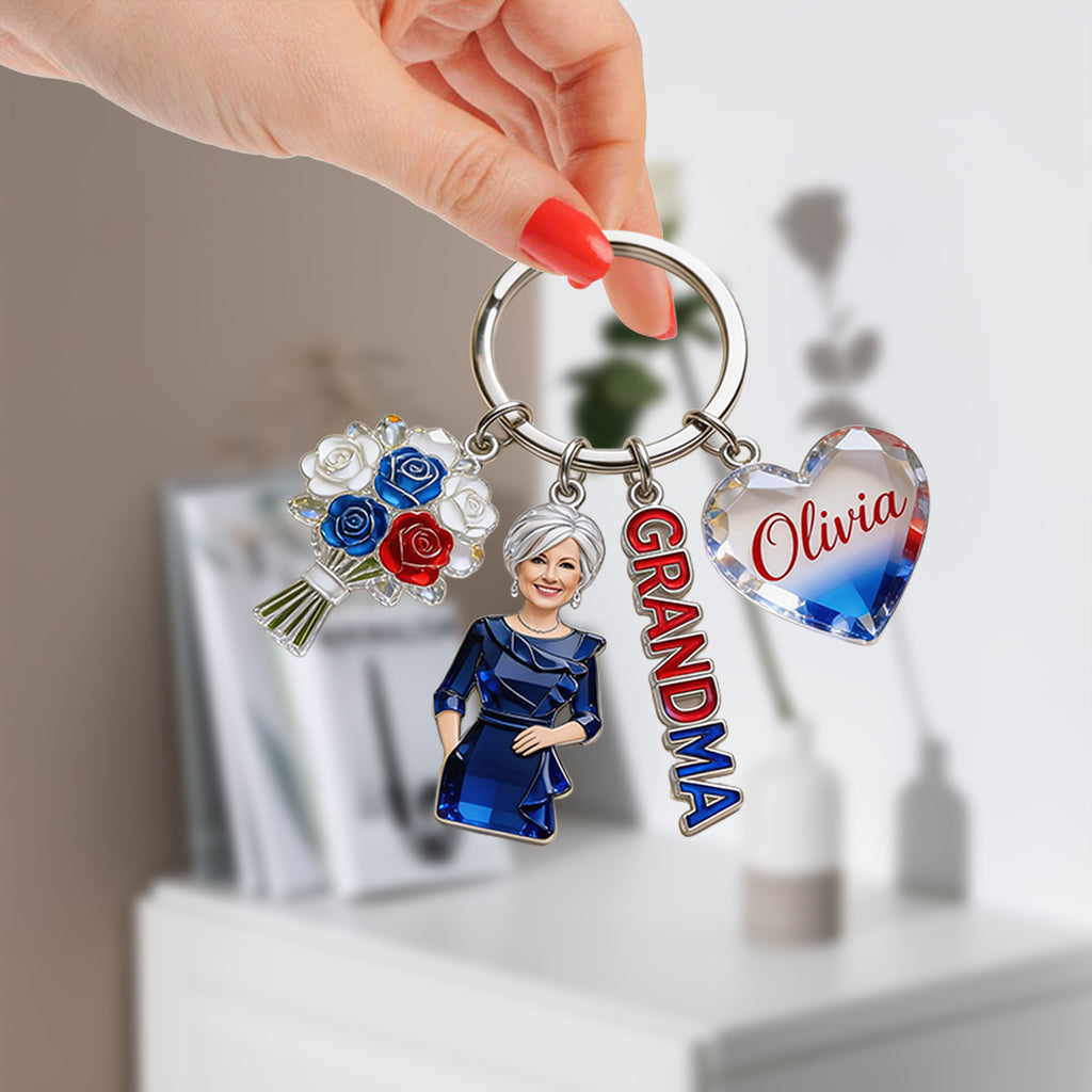 Custom Any Photo American Mom/Grandma - Personalized Grandma Premium Keychain With Charms