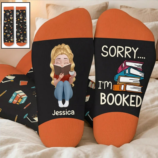 Personalized I am Booked Crew Socks, Funny Book Lover Gift, Cozy Reading Vibes With Vibrant Colors