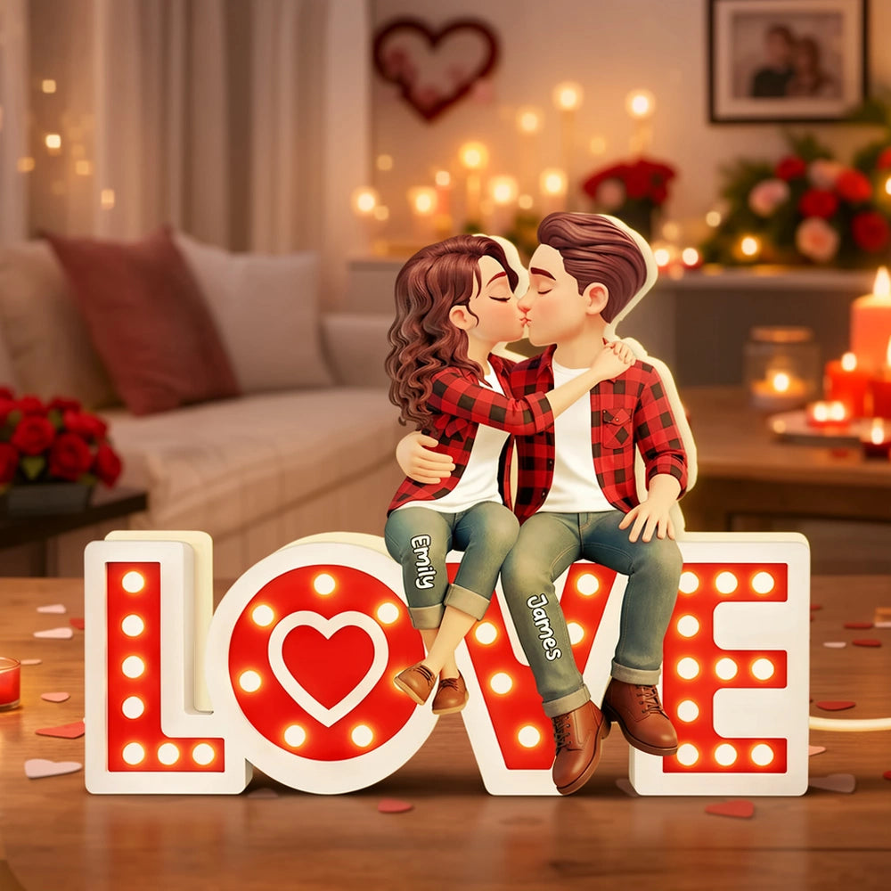 Personalized Acrylic Light Box Kissing Couple on LOVE Sign, Cozy Warm Glow Bedroom Decor, Unique Gift for Him or Her