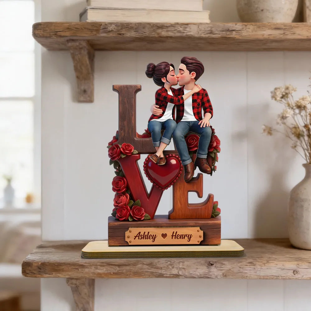 2-Layer Wooden Plaque with Kissing Couple on LOVE and Red Roses - Personalized Keepsake for Anniversary or Valentine's Gift