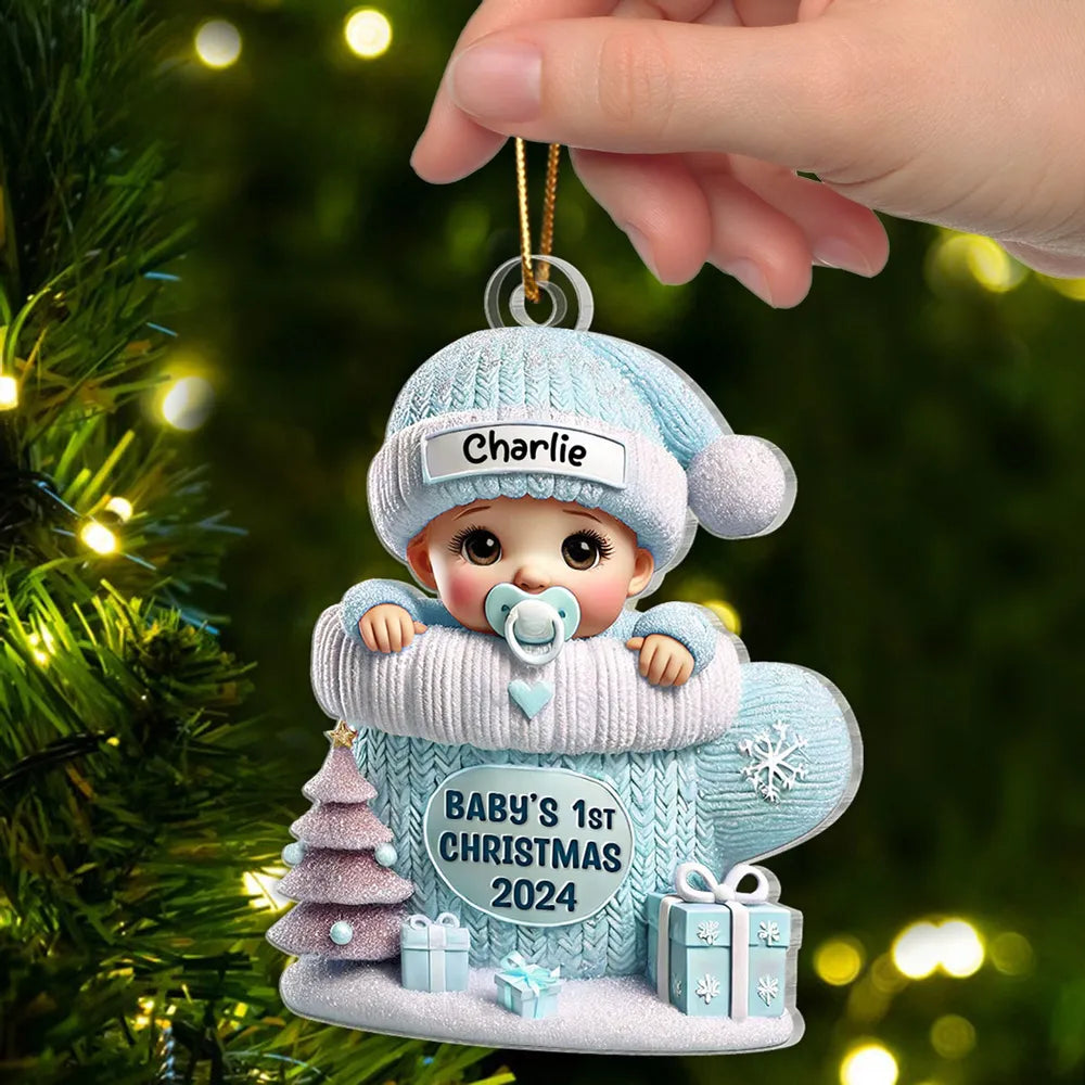 Baby in Mitten Acrylic Ornament, Pastel Knit & Snowflakes, Baby's First Christmas Keepsake, unique gift for new parents