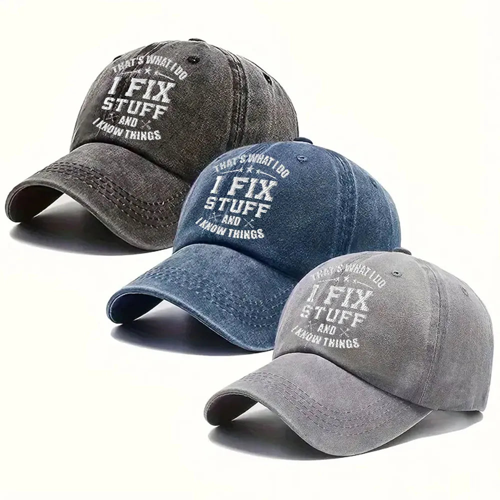 Personalized Washed Denim Baseball Cap with Funny Fix Stuff Quote, Vintage Look Everyday Hat, Unique Gift for Dad
