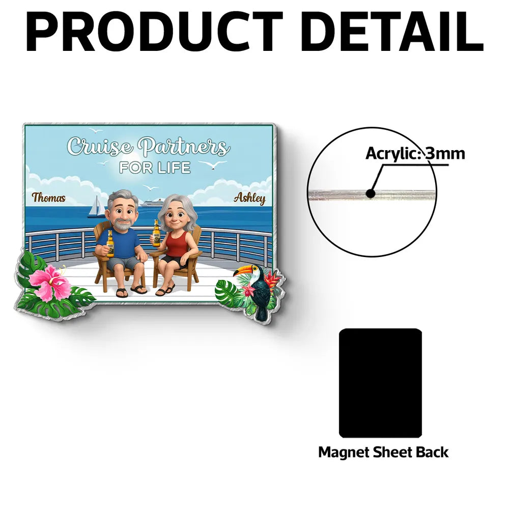 Personalized Acrylic Magnet Cruise Partners For Life Cartoon Couple on Deck, Unique Cruise Cabin Door Gift