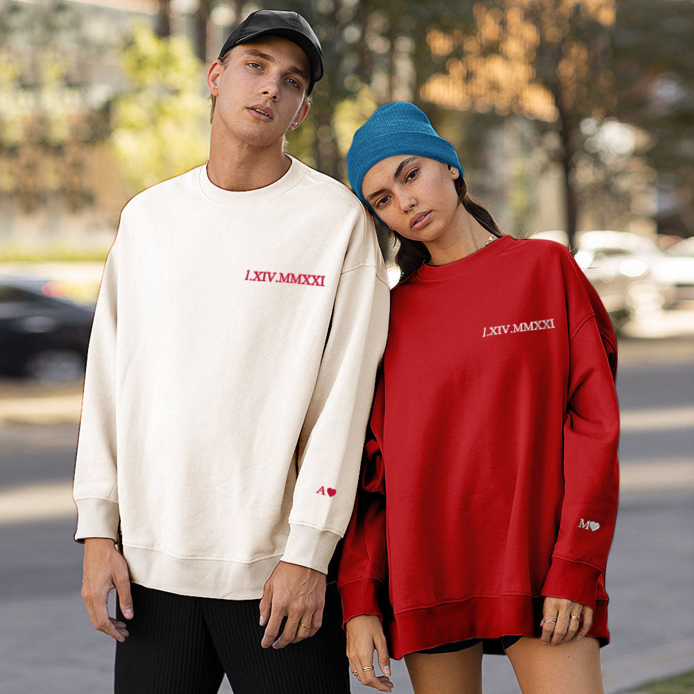 Custom Engraved Embroidery Round Neck Roman Numeral Date - Personalized Couple Sweatshirt