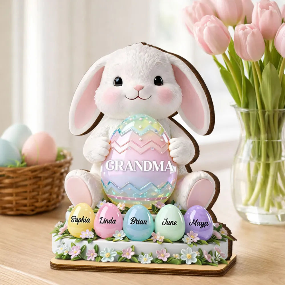2-Layer Wooden Plaque Personalized for Grandma - Cute Bunny with Pastel Eggs Easter Decor, Heartwarming Custom Gift