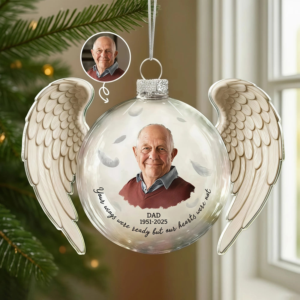 Custom Photo Acrylic Flat Ball Ornament Memorial with Angel Wings, Heartfelt Remembrance Christmas Gift for Dad and Family Keepsake