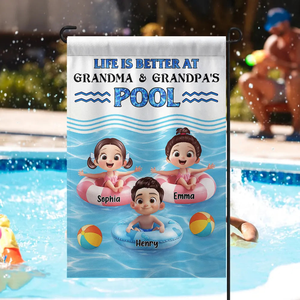 Life Is Better At Grandma & Grandpa’s Pool – Personalized Garden Flag with Kids in Floaties – Summer Gift for Grandparents