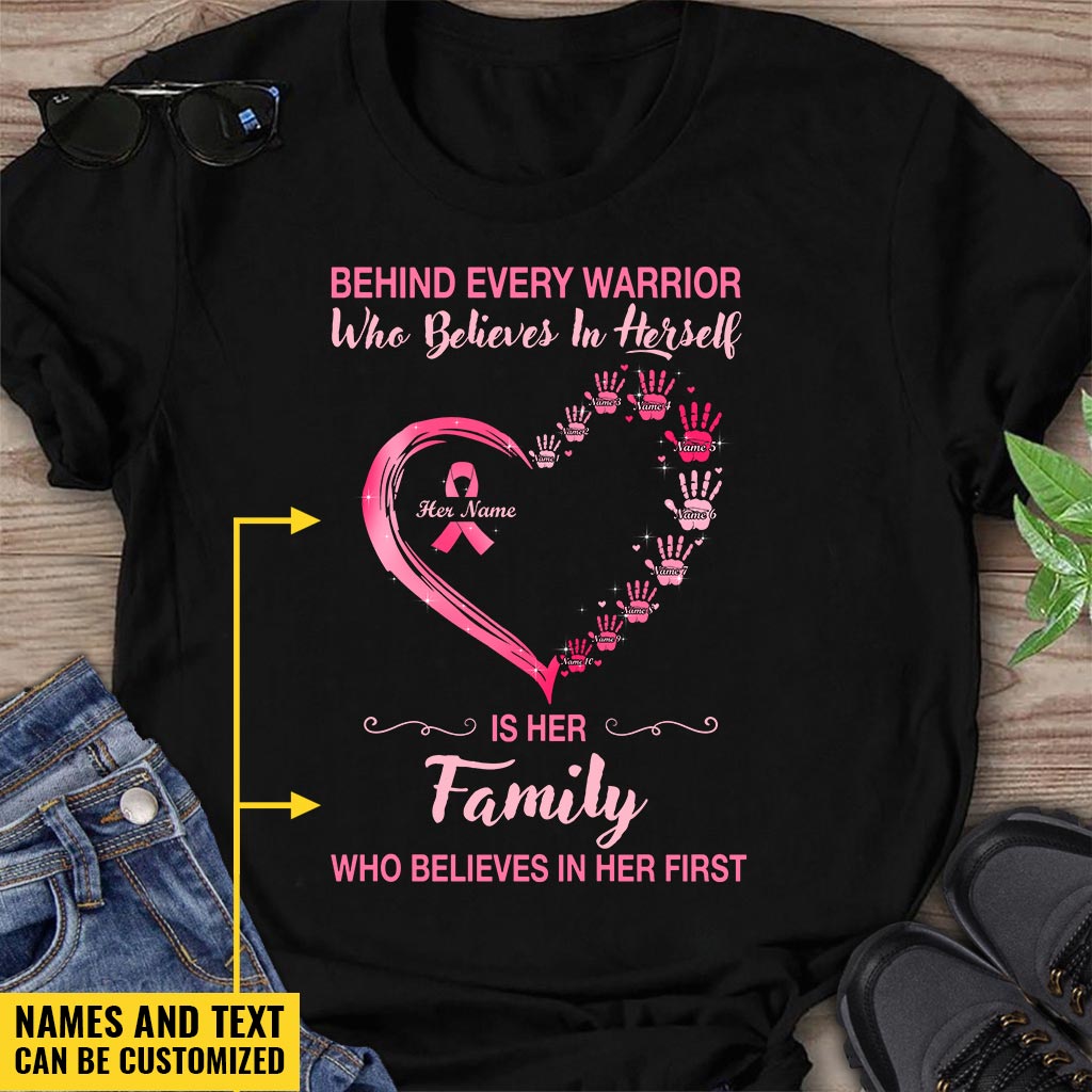 Behind Every Warrior Pink Heart Hand Prints - Breast Cancer Awareness Personalized T-shirt And Hoodie