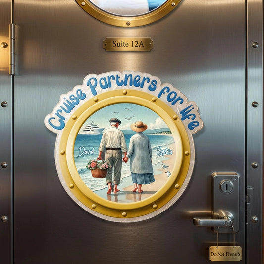 Personalized Acrylic Magnet Cruise Partners for Life, Couple Holding Hands Beach Scene, Unique Cruise Door Gift