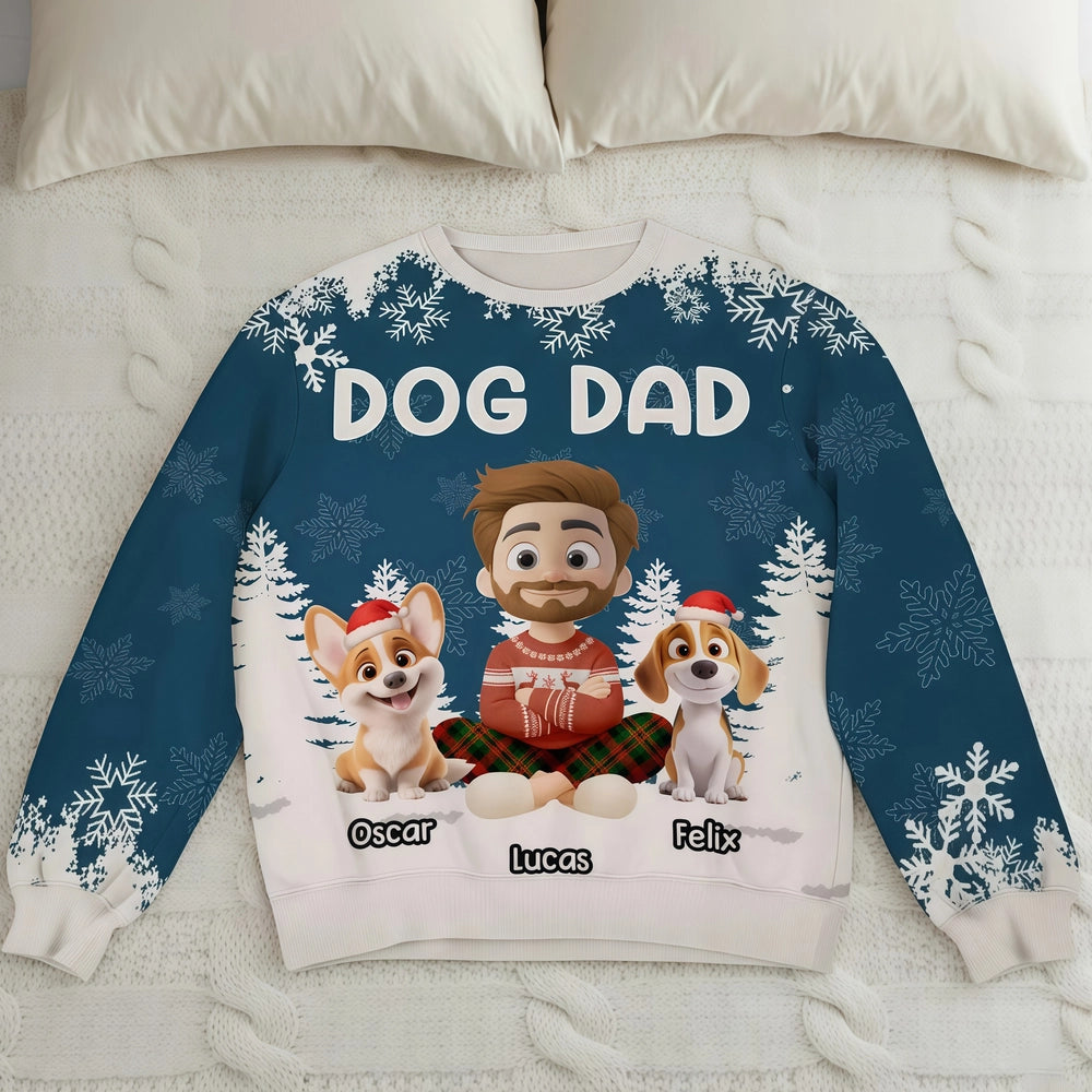 Personalized Dog Dad Printed Sweatshirt with Custom Cartoon Man and Puppy, Cozy Christmas Gift for Proud Pet Lovers