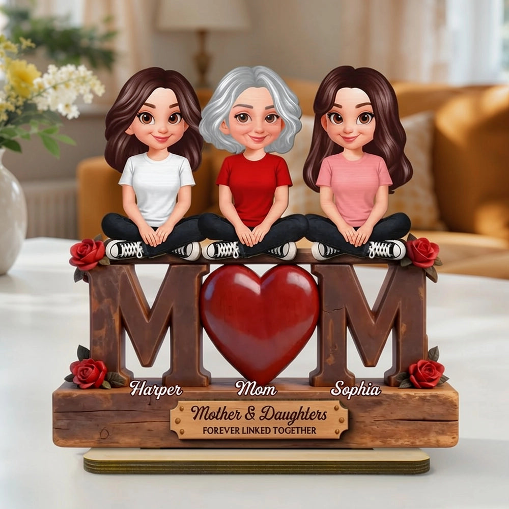 Personalized 2-Layer Wooden Plaque MOM Heart With Sitting Mother and Daughters Roses - Unique Gift for Mom