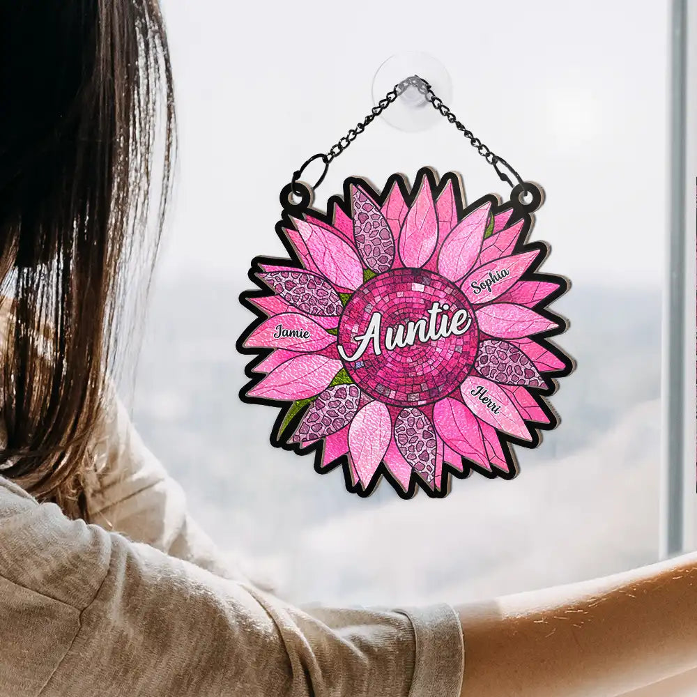 Nana Auntie Mom Family Sunflower Window Hanging Ornament - Personalized Wood and Acrylic Layered Design for Mother's Day, Valentine's Day, or Family Gifting