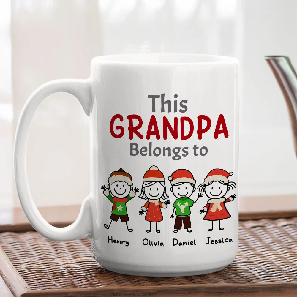 Custom “This Grandpa Belongs To” Mug – Holiday Stick-Figure Art, Unique Personalized Gift for Grandpa