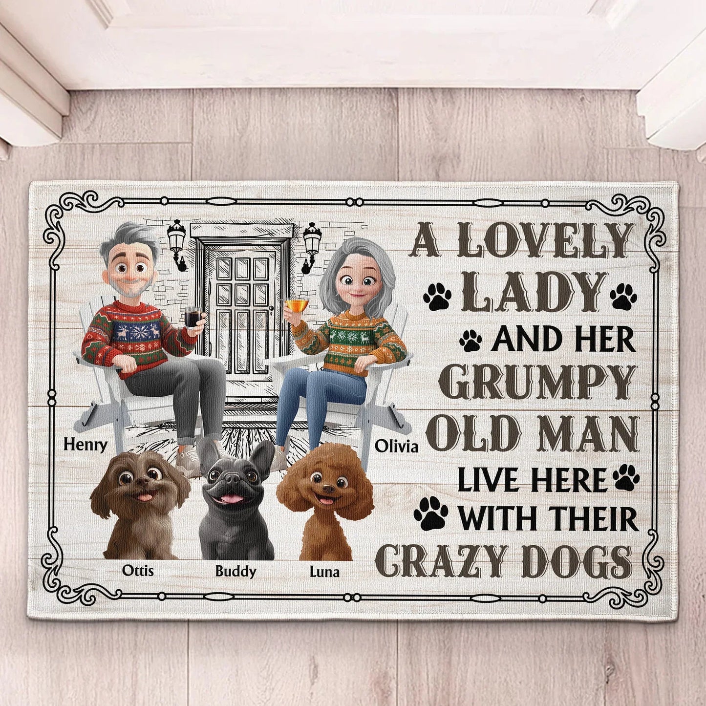 Custom Dog Lover Standard Doormat with Cartoon Couple & Crazy Pups - Personalized Housewarming Gift for Porch or Indoor Entryway