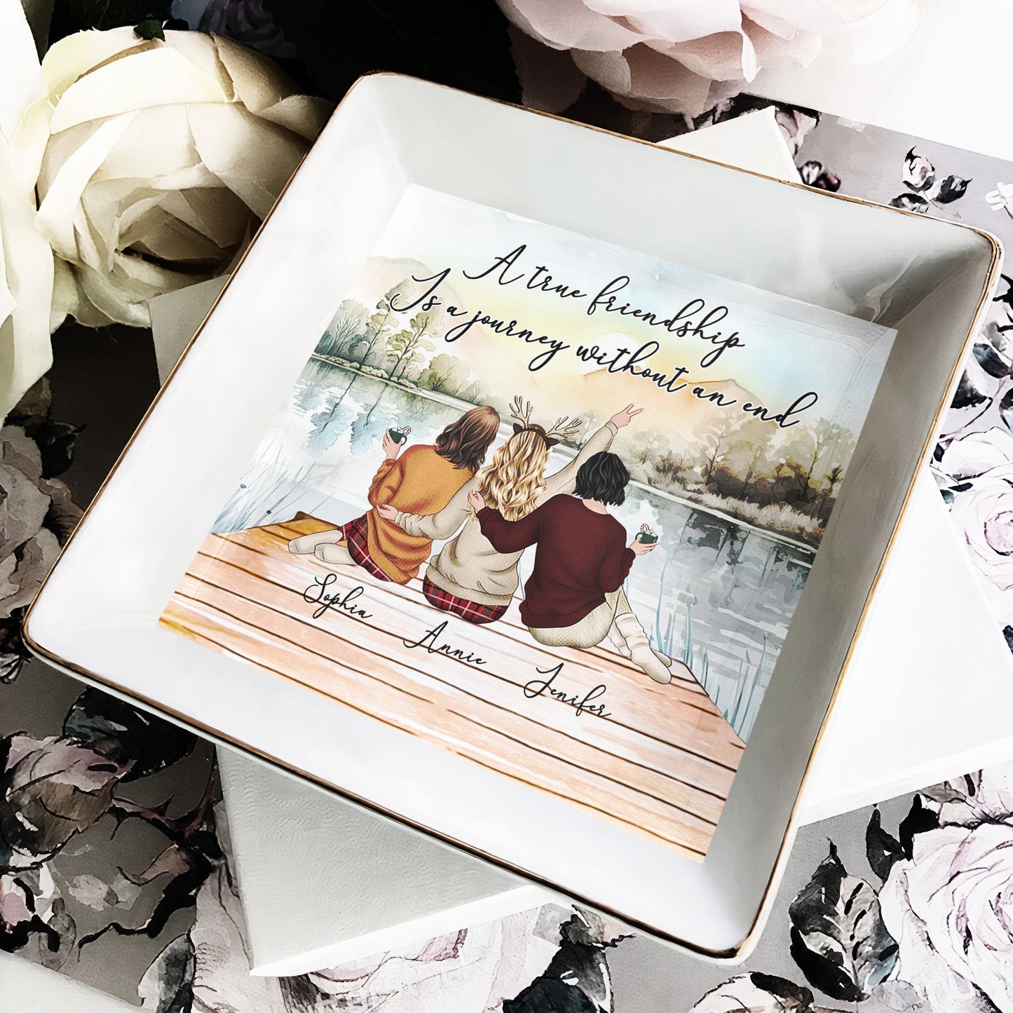 Lakeside Sisters Ceramic Jewelry Dish, “A True Friendship” Quote, Personalized Keepsake Gift for Siblings