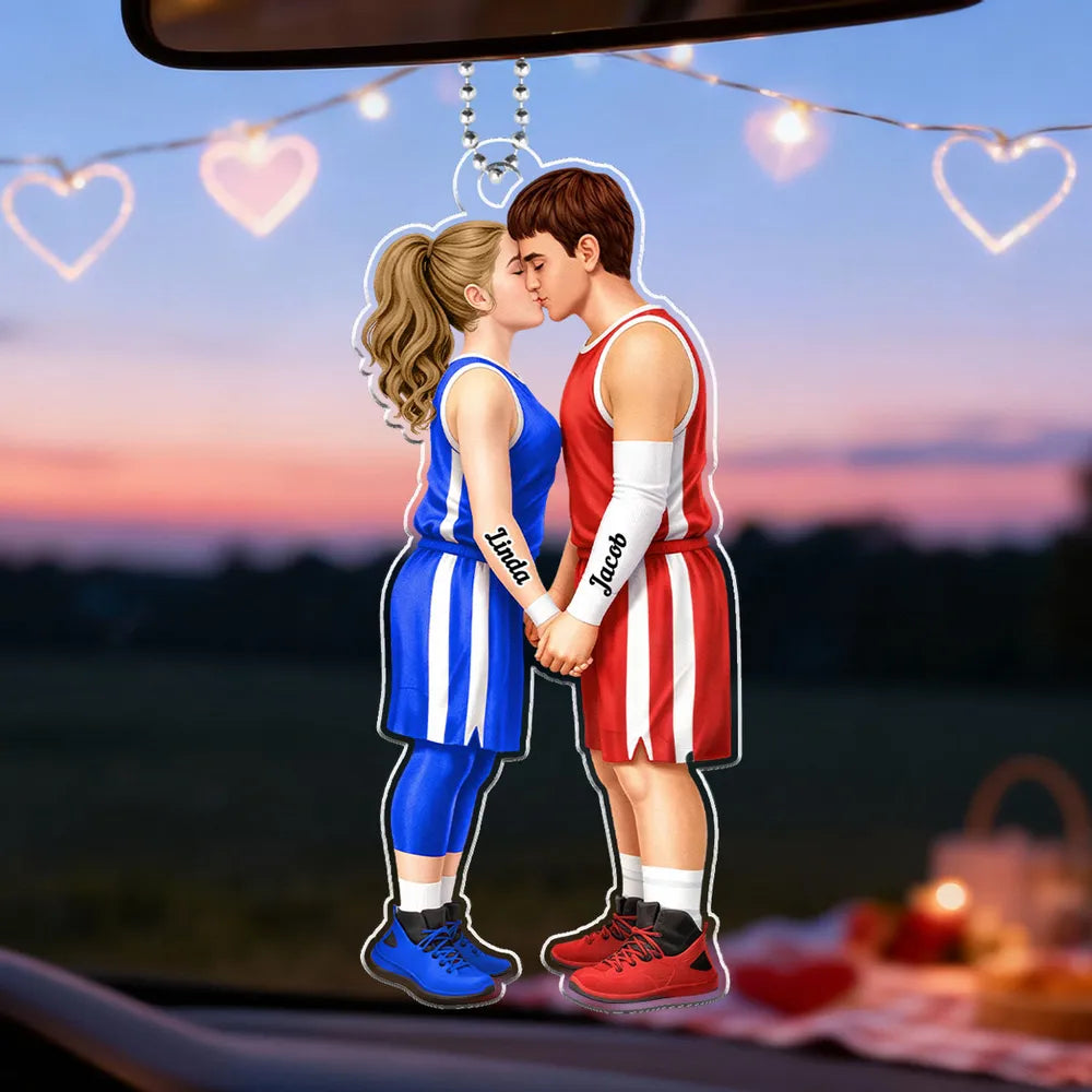 Acrylic Car Hanger with Kissing Basketball Couple, Personalized Cute Car Mirror Decor, Romantic Anniversary Gift