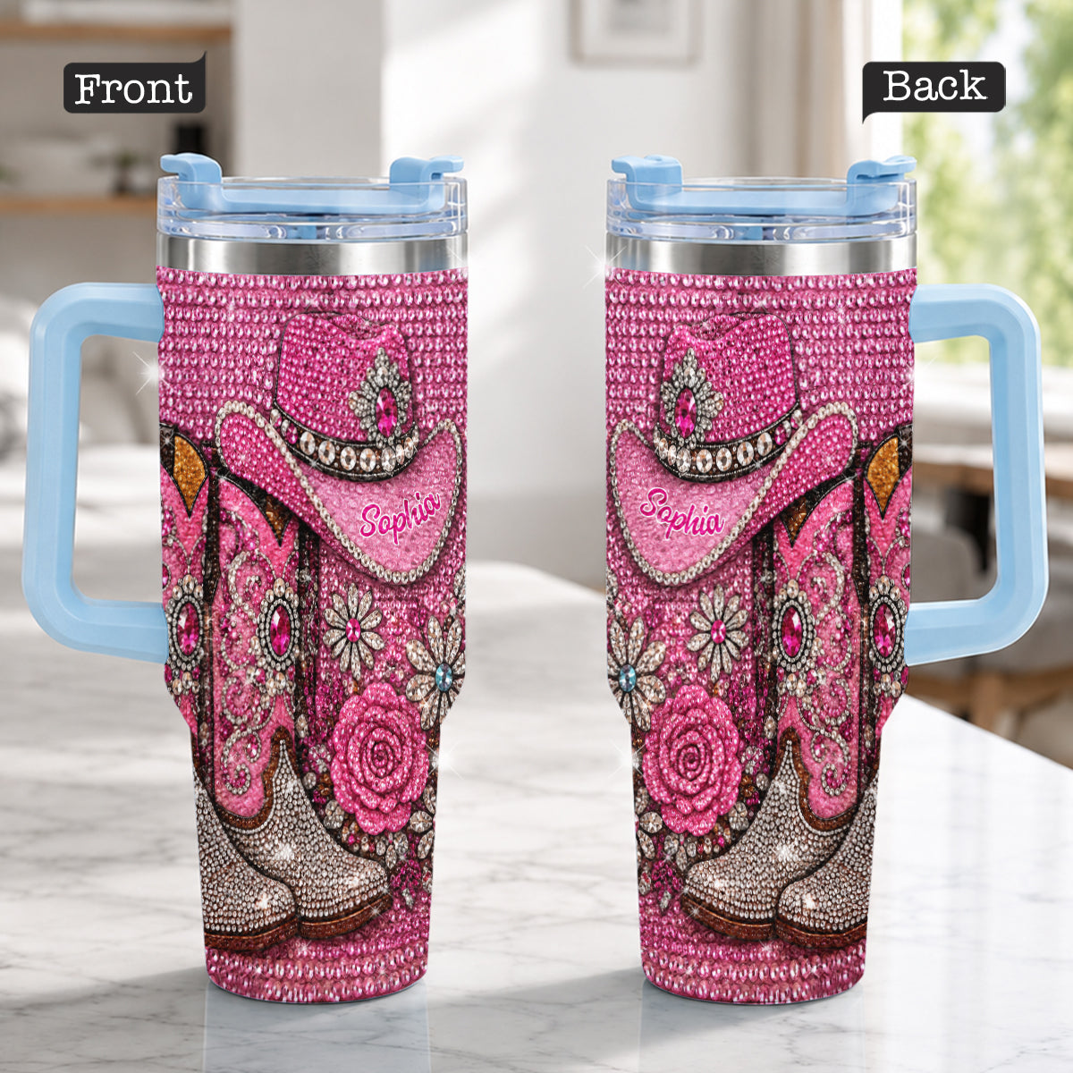 Cowgirl Boots - Personalized Cowgirl Rhinestone Tumbler With Plush Charm