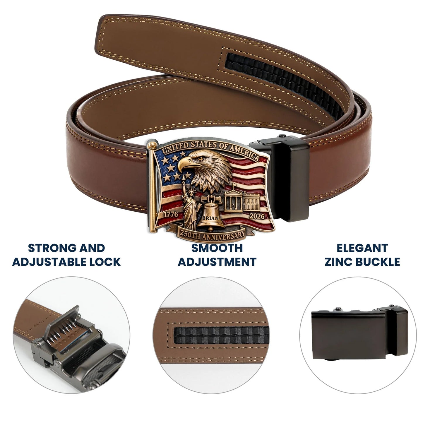 250th Anniversary Of United States - Personalized Patriot Leather Belt With Shaped Buckle