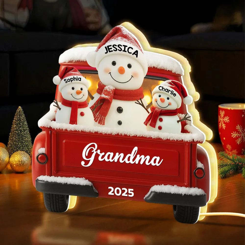 Custom Snowman Grandma & Grandkids Acrylic Light Box, Festive Red Truck Bedroom Lamp and Unique Holiday Gift for Family