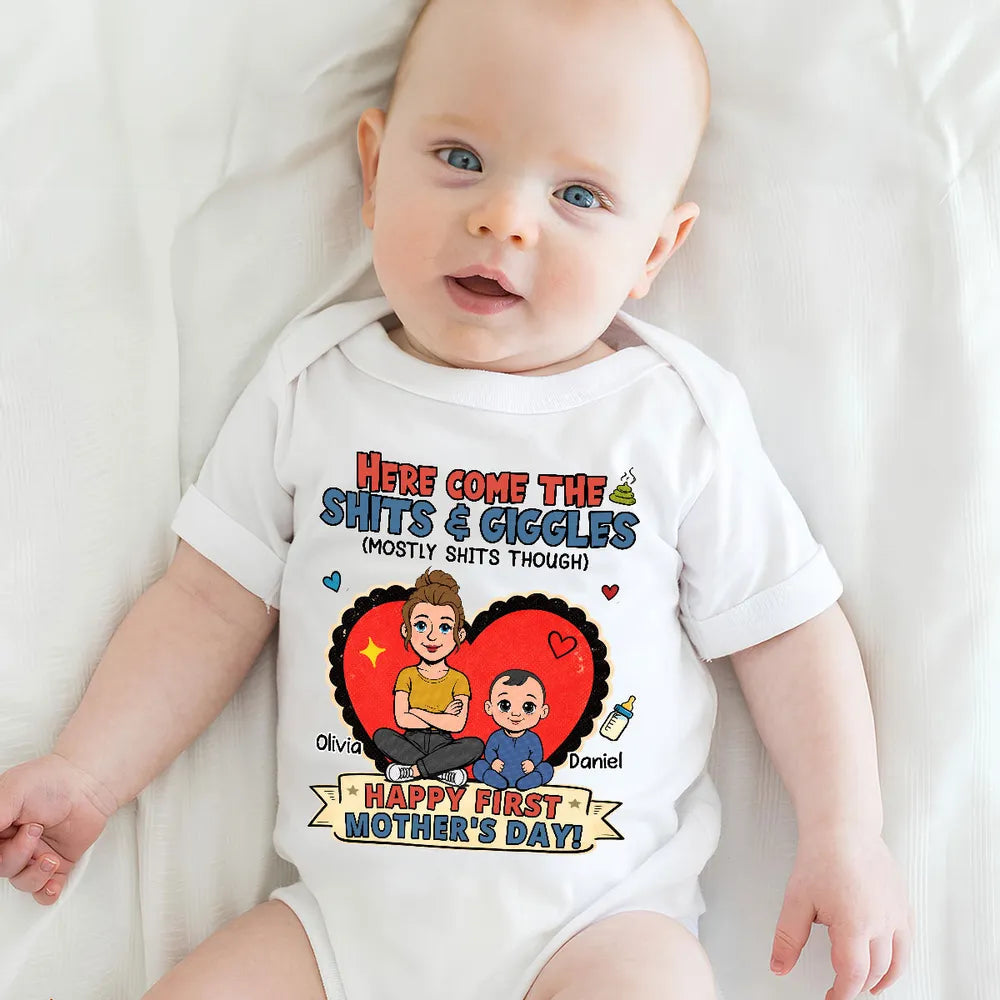 Here Come The Giggles Personalized Short Sleeve Baby Onesie, Funny First Mother's Day Gift for New Mom