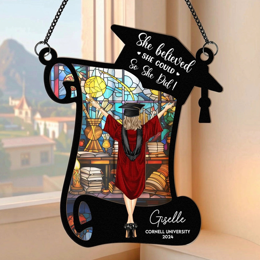 Wood and Acrylic Layered Ornament with 'She Believed She Could So She Did' Graduation Quote, Personalized Window Decor, Thoughtful Gift