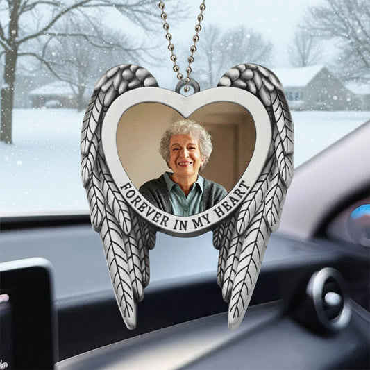 Angel Wings Heart Ornament for Car Mirror, Personalized Photo Memorial Keepsake, a unique gift for family