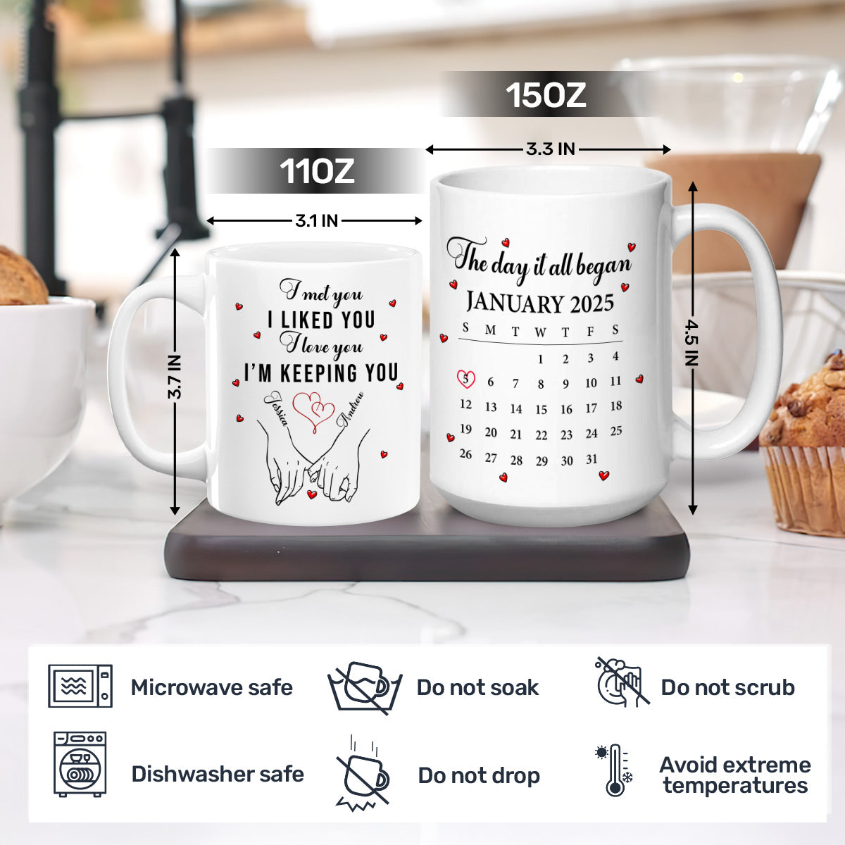 Custom White Ceramic Mug with Cute Love Quote & Calendar, Heartwarming Couple Coffee Mug Valentines Day Gift
