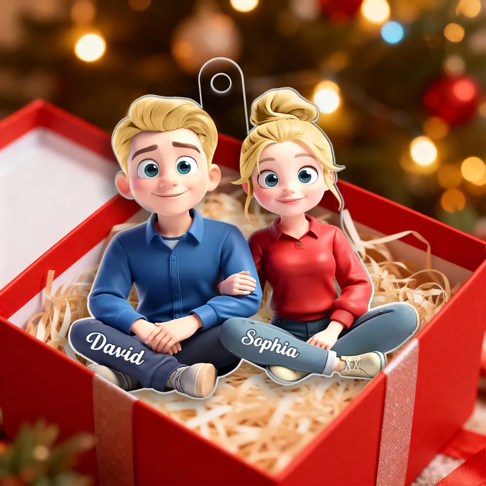 Personalized Acrylic Ornament Cartoon Couple Sitting Together, Cute Unique Gift for Him or Her