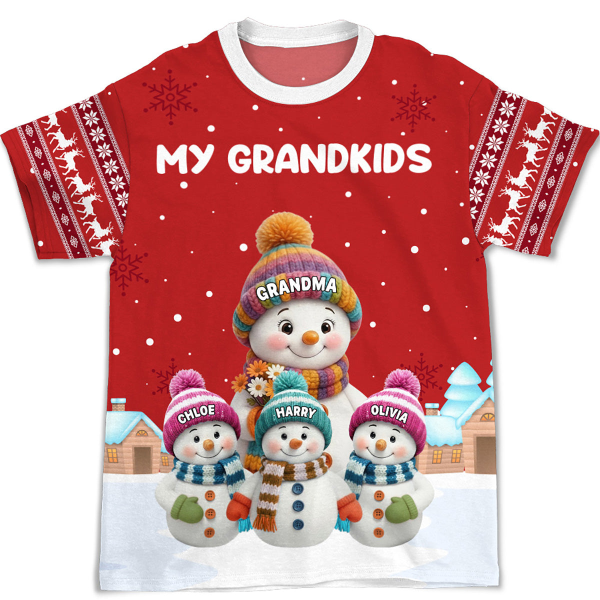 Personalized Printed Classic Tee for Grandma with Grandkids Snowman Scene, Cozy Christmas Gift She Will Love