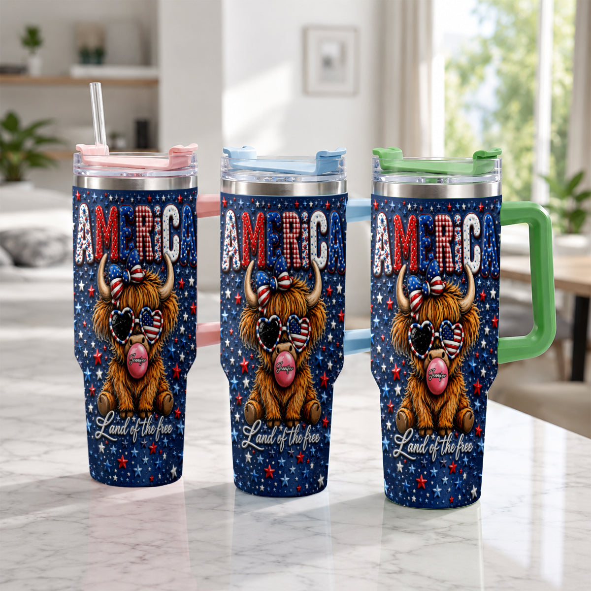 Land Of The Free - Personalized Highland Cow Tumbler With Plush Charm