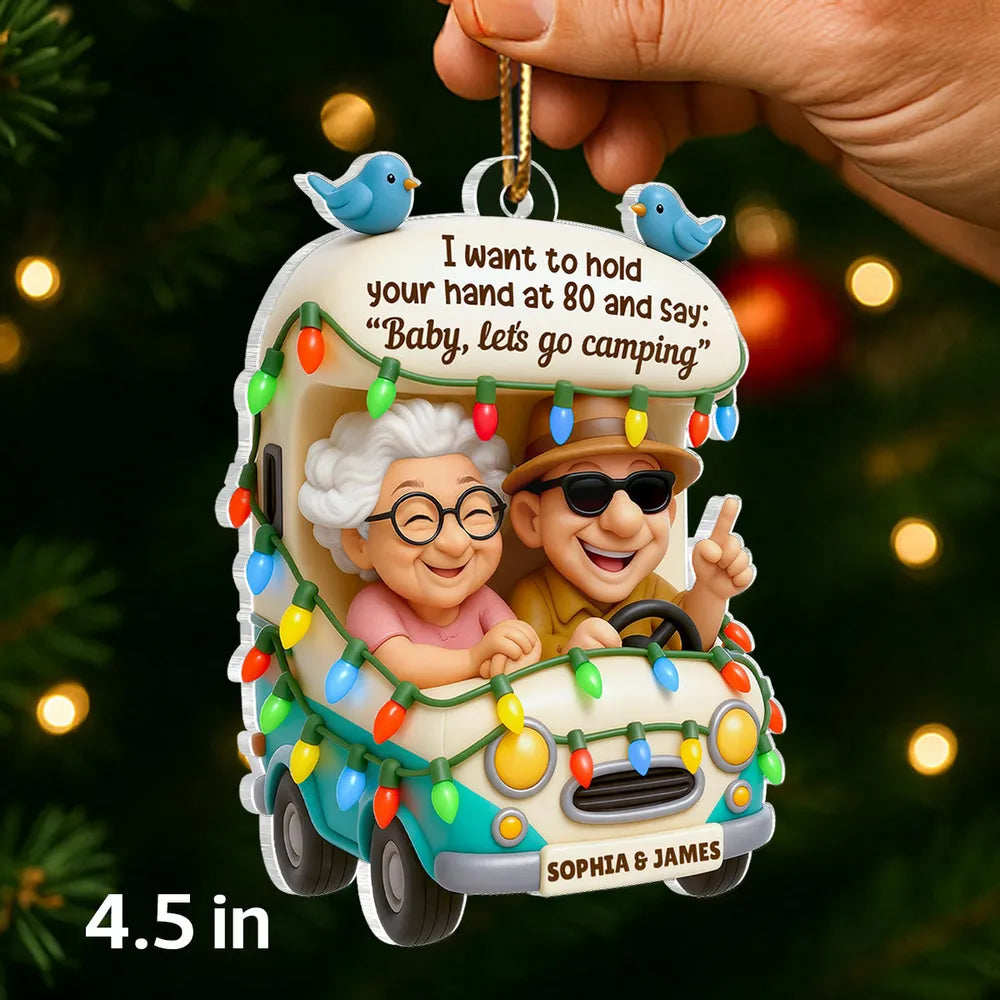 Personalized Camping RV Acrylic Ornament, Smiling Older Couple Road Trip Scene, Warm Holiday Decor, Creative Christmas Gift for Couples