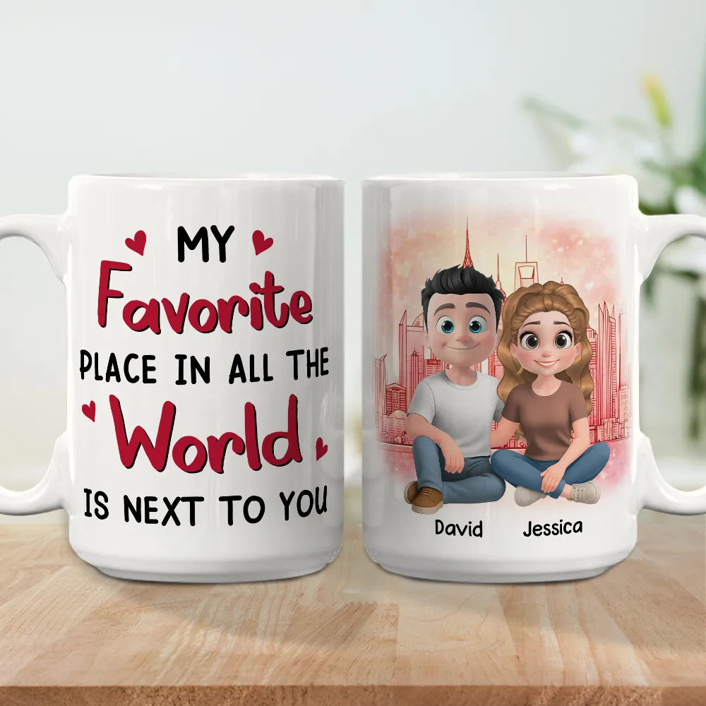 Personalized Ceramic Mug Cartoon Couple Sitting by City Skyline Unique Romantic Gift for Him or Her