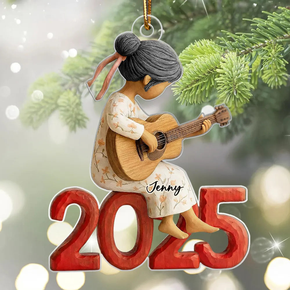 Personalized Acrylic Ornament Girl Playing Guitar Holiday Decor, Cute Keepsake Gift For Music Lover