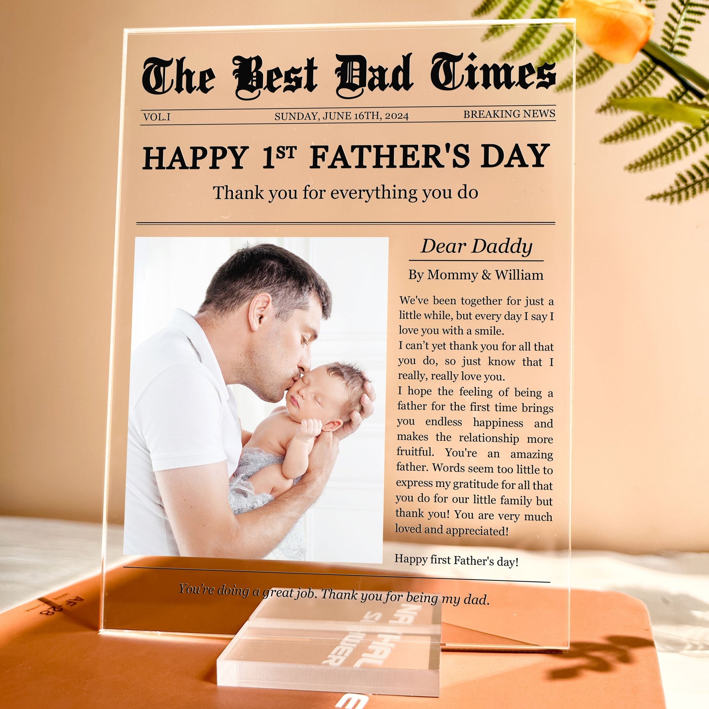 Happy 1st Father’s Day – Personalized Acrylic Plaque with Custom Photo and Heartfelt Message – Ideal Gift for New Fathers