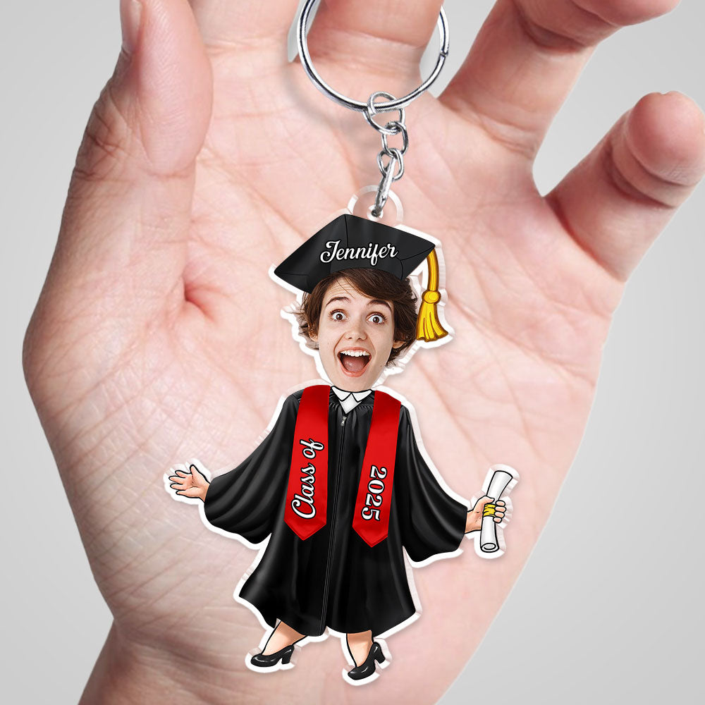 Custom Graduation Face-Cutout Acrylic Keychain – Cap, Gown & Diploma, Funny Keepsake Gift for the New Grad