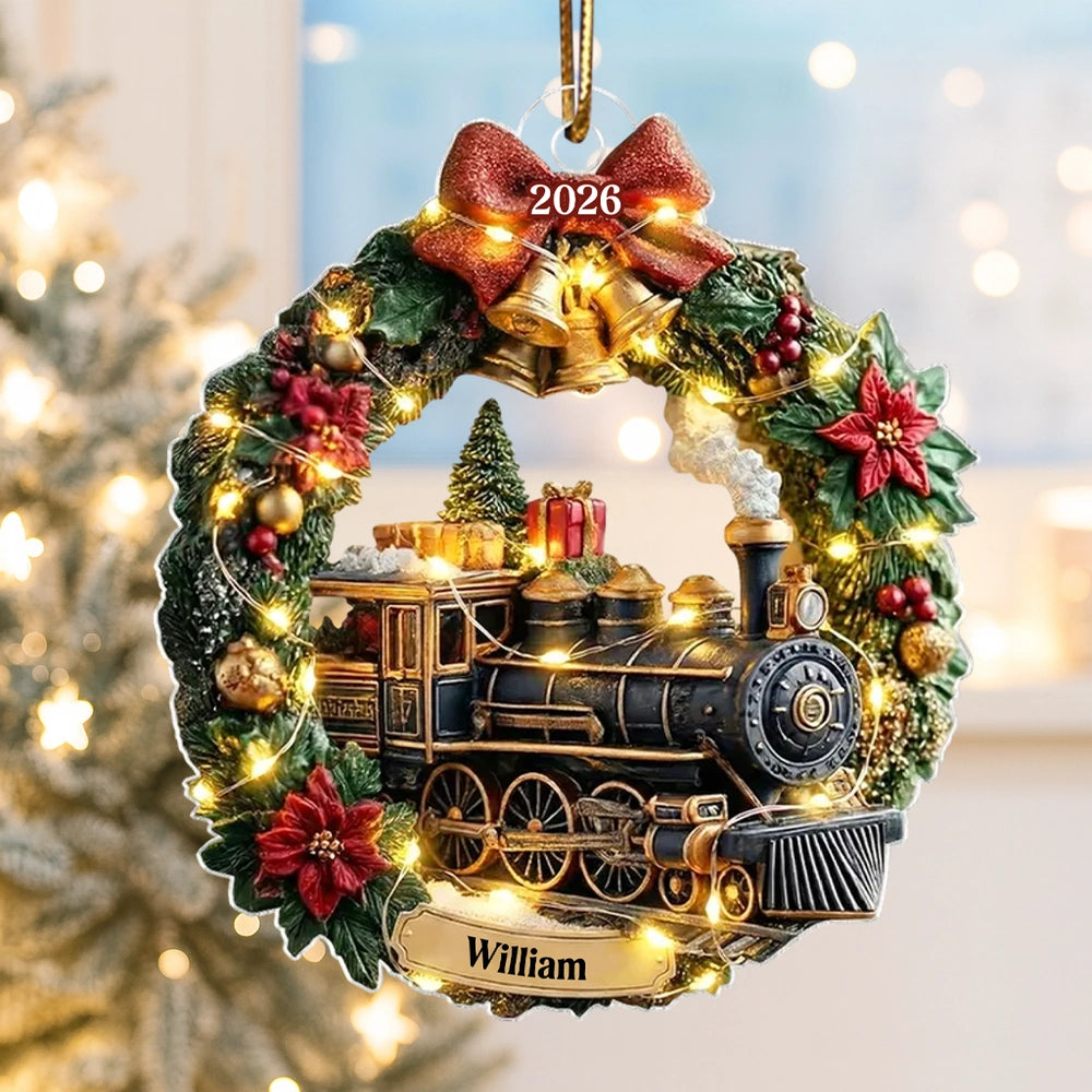 Cozy Lighted Train Wreath Acrylic Ornament, Personalized Keepsake For Holiday Home Decorating, Unique Creative Gift