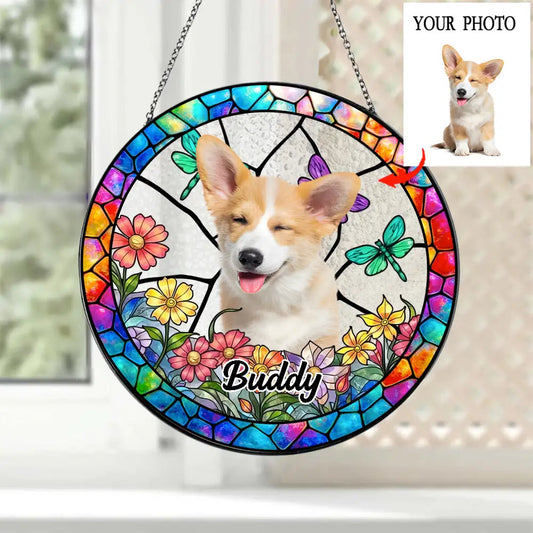 Custom Pet Suncatcher Ornament – Personalized Dog Photo Gift with Floral and Stained Glass Design