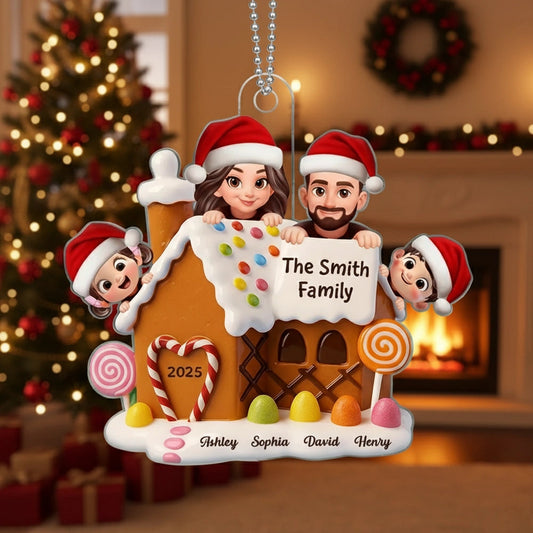 Christmas Gingerbread House Acrylic Ornament with Cute Cartoon Family Design, Warm Holiday Décor, Perfect Gift for Loved Ones