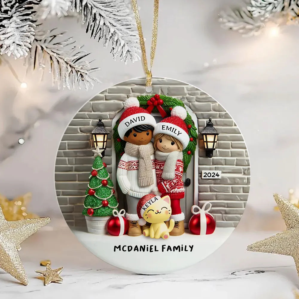 Ceramic Ornament Couple with Dogs at Festive Doorway, cozy tree-ready décor,perfect Christmas gift for pet-loving families