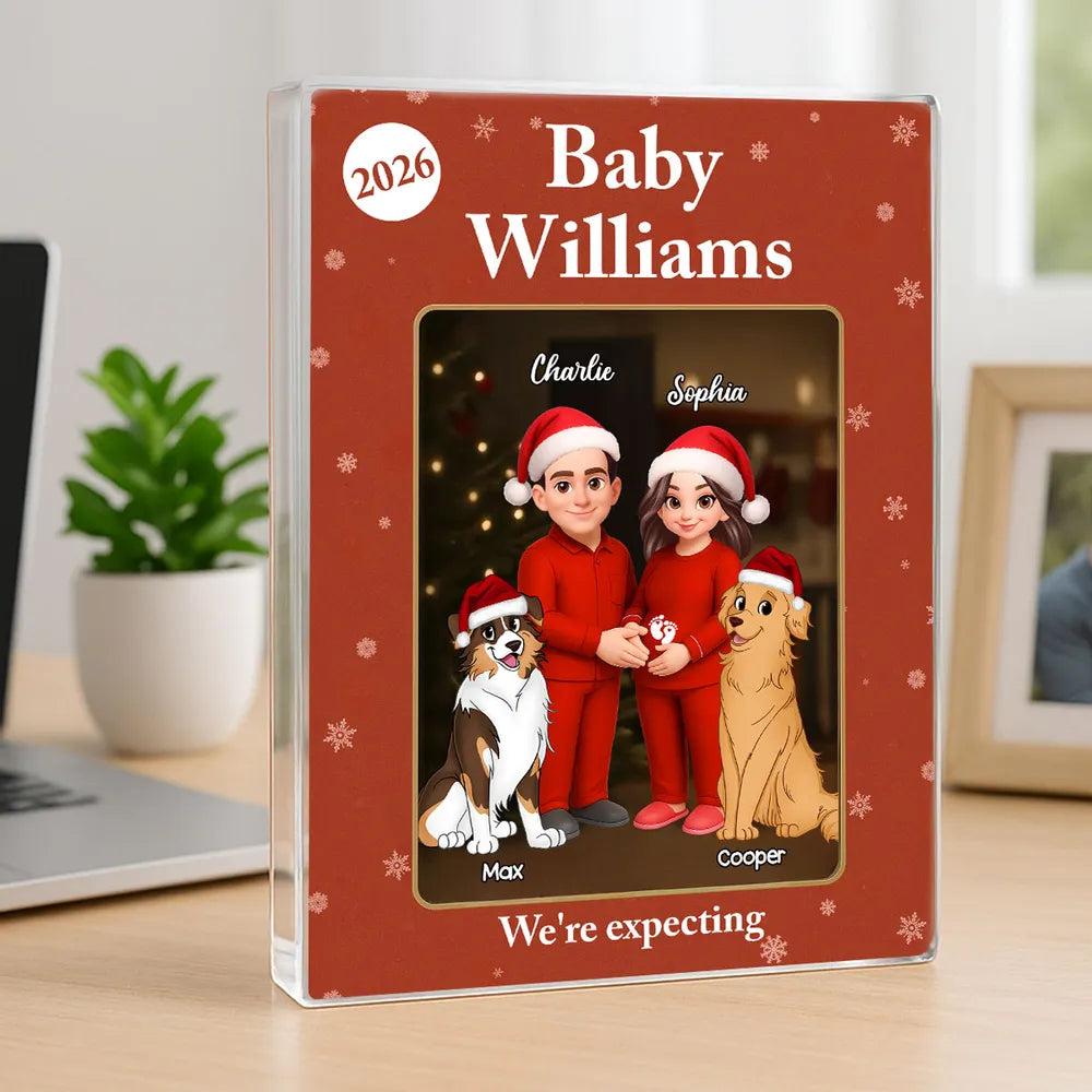 Acrylic Block Plaque Expecting Couple With Dogs, Christmas Santa Hats, Cute Cartoon, a Unique Gift for New Parents