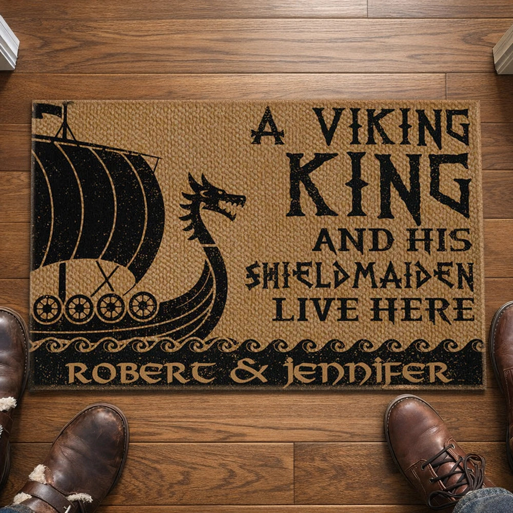 A Viking King And His Shieldmaiden Live Here Standard Doormat, Personalized Entryway Welcome Mat - Unique Gift