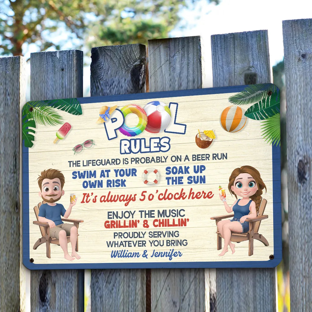 Personalized Pool Rules Rectangular Iron Sign for Backyard Pool Decor, Funny Summer Vibes, Unique Gift for Couples