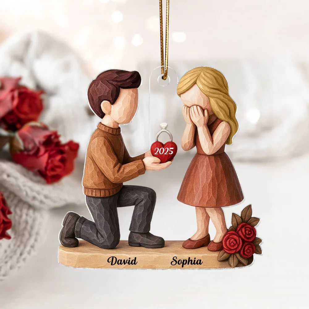 Engagement Acrylic Ornament with Kneeling Proposal & Roses, She Said Yes keepsake, unique gift for Couples and Fiance/Fiancee