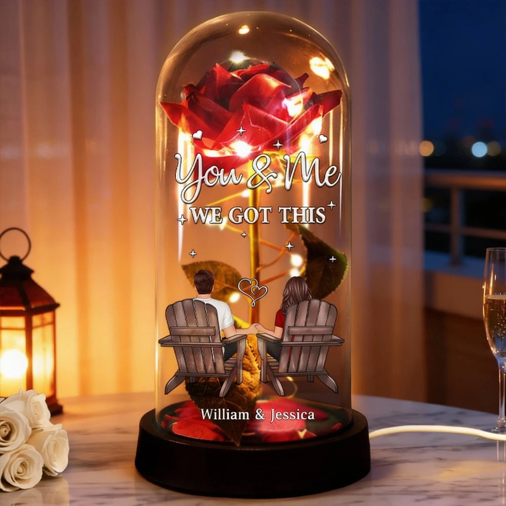 Personalized Lighted Eternal Rose Dome with You & Me We Got This, Cozy Romantic Night Light, Unique Gift for Couples