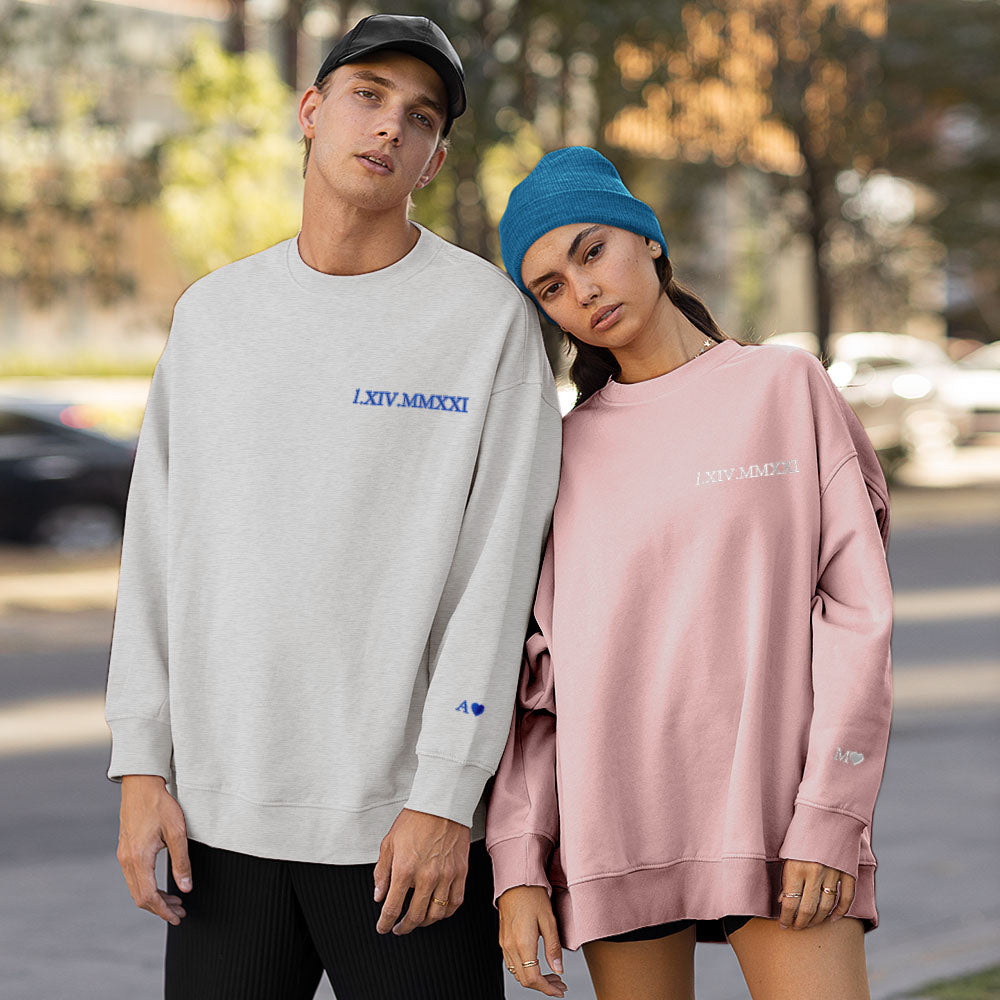 Custom Engraved Embroidery Round Neck Roman Numeral Date - Personalized Couple Sweatshirt