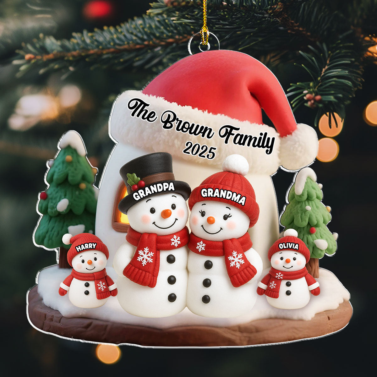 Snowman Family Ornament - Personalized Acrylic, Cozy Winter Scene, Unique Christmas Gift for Grandparents or Parents