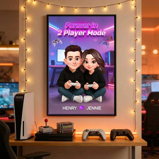 Personalized Gamer Couple Poster Forever in 2 Player Mode Neon Game Room Wall Art Unique Gift for Him or Her
