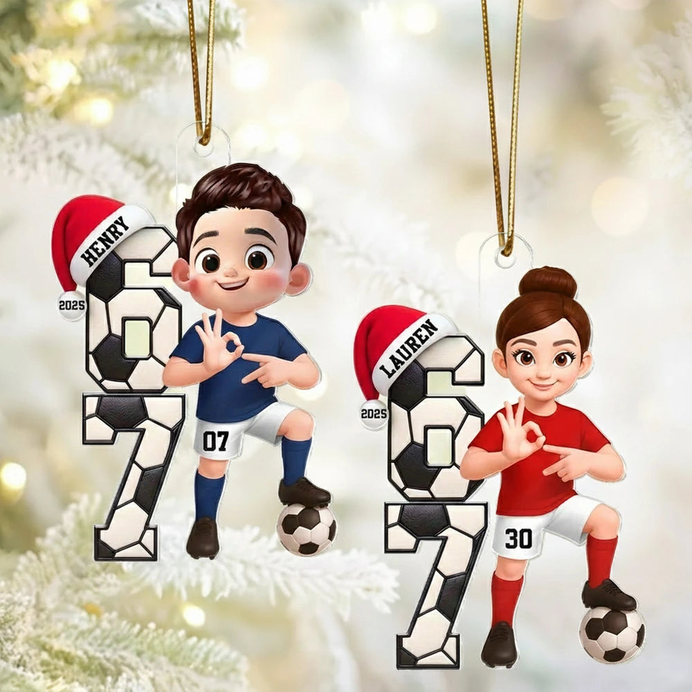 Custom Soccer Boy or Girl Acrylic Ornament – Funny Teen Slang Six Seven, Festive Holiday Decor & Creative Gift for Young Soccer Fans
