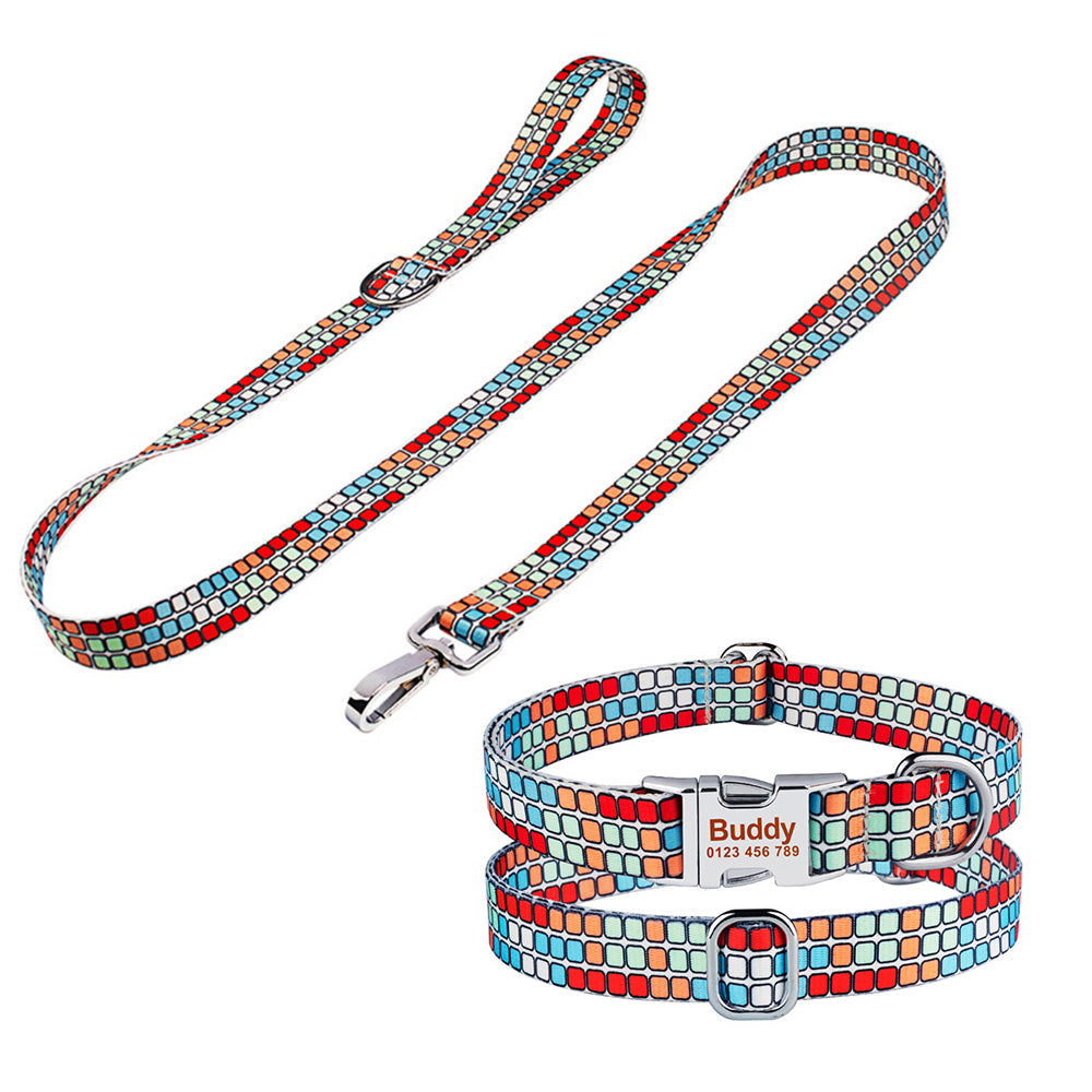 Personalized Text Engraved Dog Collar With Leash Set