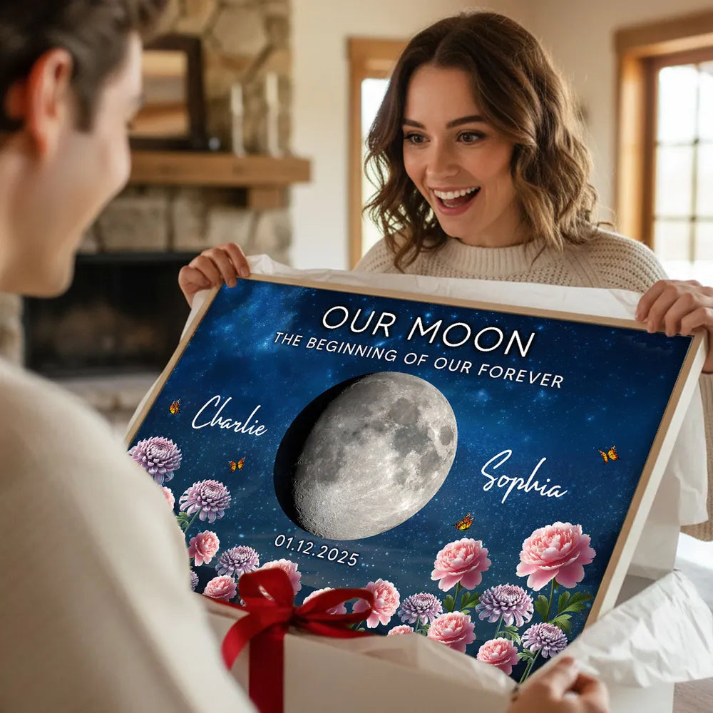 Personalized Our Moon Starry Sky Floral Poster, Custom Couple Keepsake Wall Art, Unique Romantic Gift